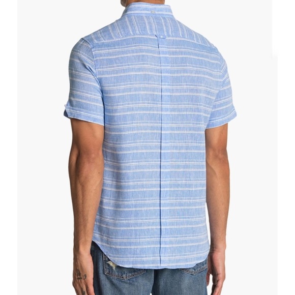 BEN SHERMAN Short Sleeve Stripe Print Linen Regular Fit Shirt, Blue/White, Small - Picture 2 of 5